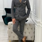 Dark Gray Slim Fit Double Breasted Plaid Suit