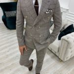 Light Brown Slim Fit Double Breasted Plaid Suit