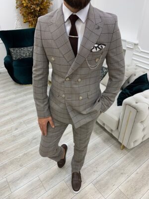 Light Brown Slim Fit Double Breasted Plaid Suit