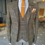 Khaki Slim Fit Notch Lapel Plaid Suit