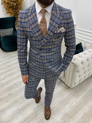 Blue Slim Fit Double Breasted Plaid Suit