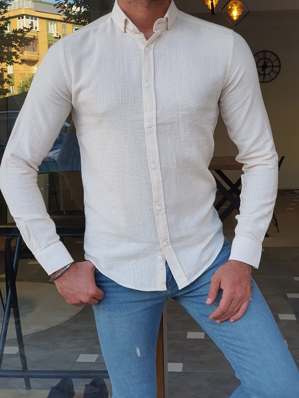 Beige Slim Fit Long Sleeve Cotton Shirt