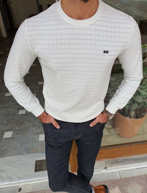 White Slim Fit Crew Neck Patterned Sweater