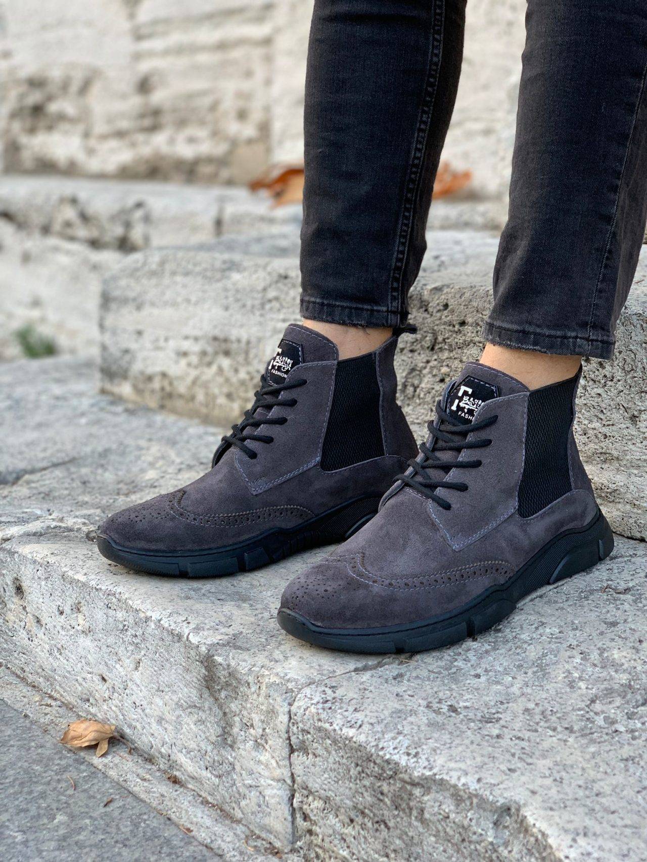 Gray Wing Tip Suede Lace Up Chelsea Boots