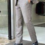 Beige Slim Fit Notch Lapel Plaid Wool Suit