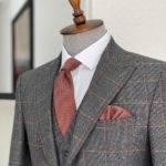 Dark Gray Slim Fit Peak Lapel Plaid Wool Suit