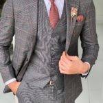 Dark Gray Slim Fit Peak Lapel Plaid Wool Suit