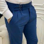 Blue Slim Fit Double Buckle Pants