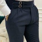 Navy Blue Slim Fit Double Buckle Striped Pants