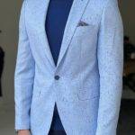 Blue Slim Fit Patterned Linen Blazer