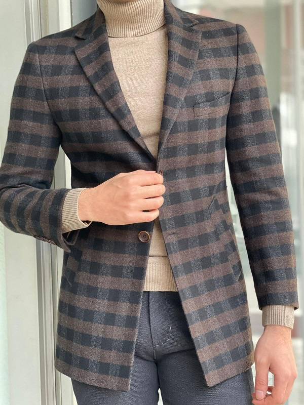 Brown Slim Fit Plaid Wool Long Coat