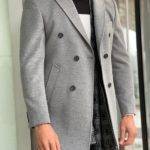 Gray Slim Fit Double Breasted Wool Long Coat