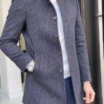Navy Blue Slim Fit Judge Collar Wool Long Coat