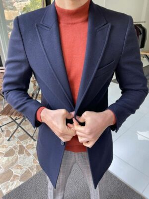 Navy Blue Slim Fit Single Breasted Wool Long Coat
