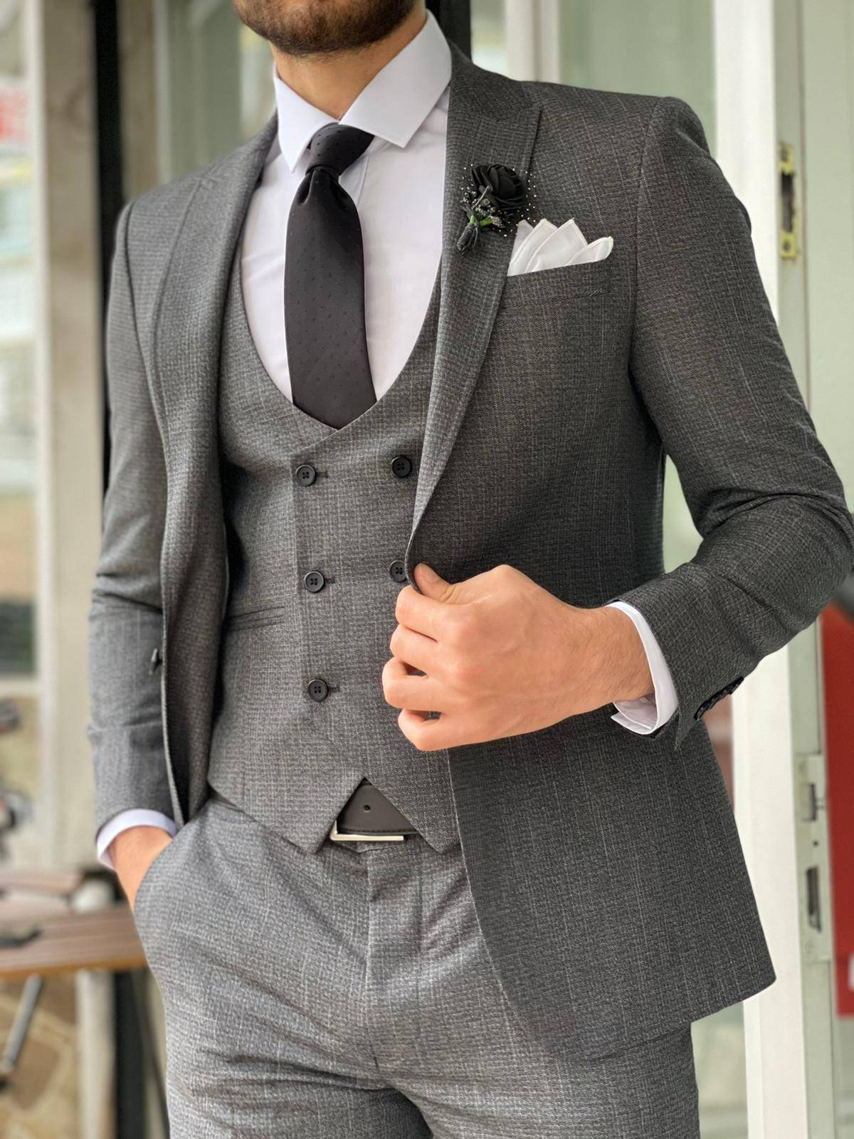 Gray Slim Fit Notch Lapel Wool Suit
