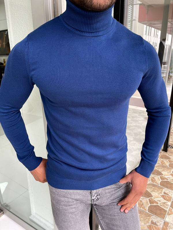 Blue Slim Fit Turtleneck Sweater