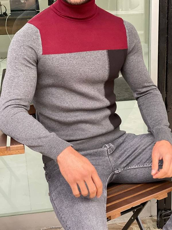 Thagor Dark Gray Slim Fit Turtleneck Sweater
