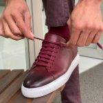 Burgundy Lace-Up Mid-Top Sneakers