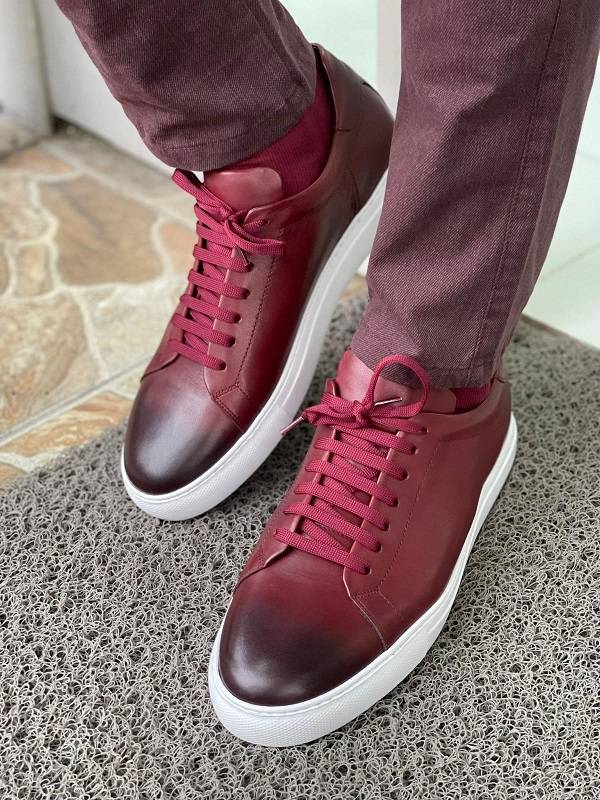Burgundy Lace-Up Mid-Top Sneakers