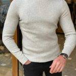 Gray Slim Fit Striped Turtleneck Sweater