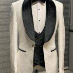 Aysoti Depocca Black & White Slim Fit Velvet Shawl Lapel Wool Tuxedo