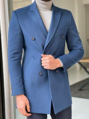 Blue Slim Fit Double Breasted Wool Long Coat
