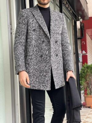 Gray Slim Fit Double Breasted Wool Long Coat