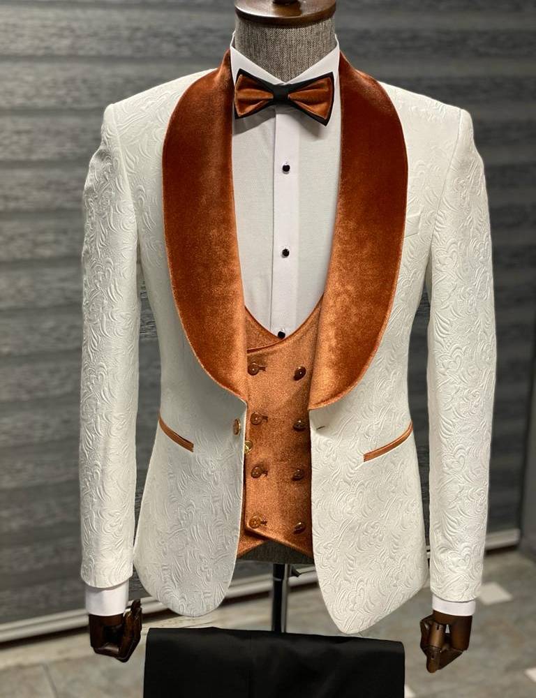 Aysoti Depocca Orange & White Slim Fit Velvet Shawl Lapel Wool Tuxedo