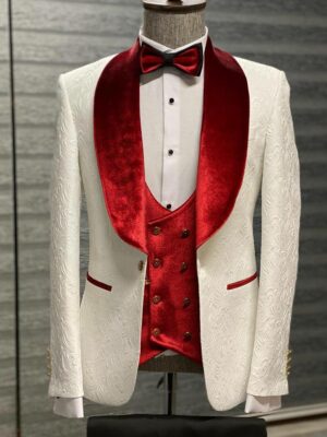Aysoti Depocca Red & White Slim Fit Velvet Shawl Lapel Wool Tuxedo