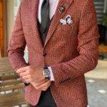 Brown Slim Fit Patterned Wool Suit