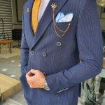 Navy Blue Slim Fit Double Breasted Pinstripe Wool Suit