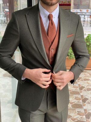 Green Slim Fit Peak Lapel Wool Suit