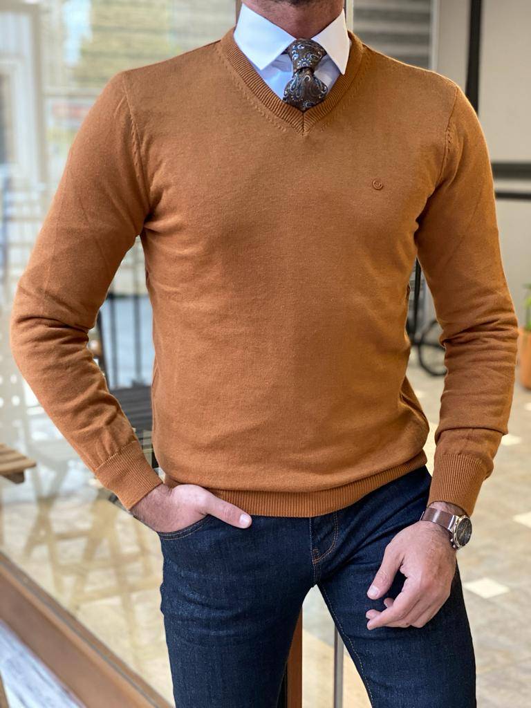 Camel Slim Fit V-Neck Sweater