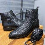 Black Woven Leather Buckle Chelsea Boots