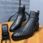 Black Woven Leather Buckle Chelsea Boots