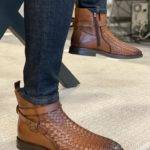 Brown Woven Leather Buckle Chelsea Boots