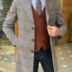 Beige Slim Fit Single Breasted Plaid Wool Long Coat