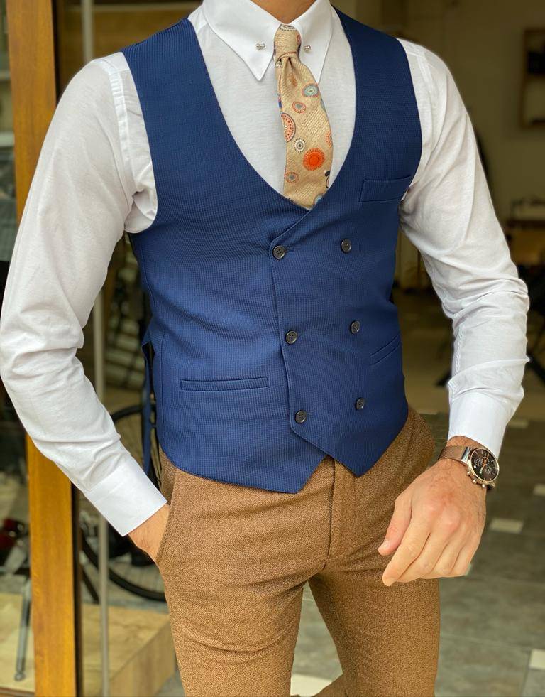 Blue Slim Fit Double Breasted Vest