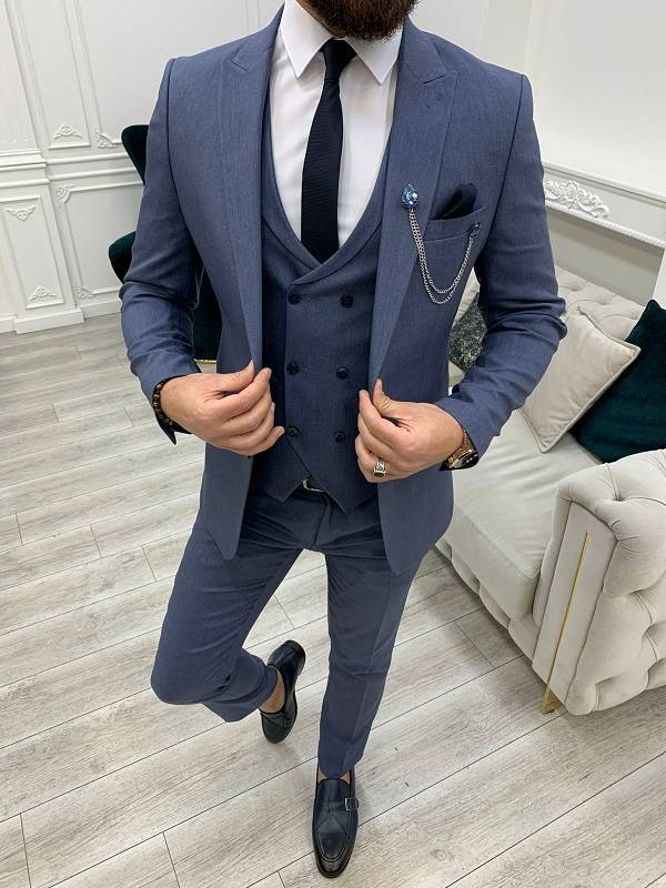Aysoti Holprice Blue Slim Fit Peak Lapel Suit