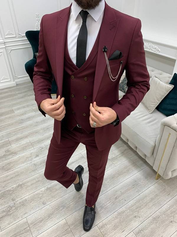 Aysoti Holprice Burgundy Slim Fit Peak Lapel Suit