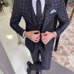 Black Slim Fit Notch Lapel Plaid Wool Suit