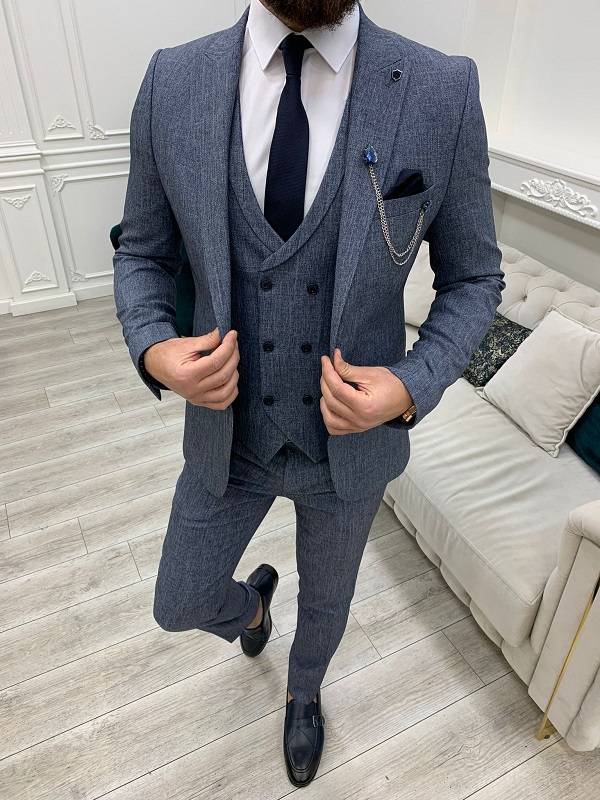 Blue Slim Fit Peak Lapel Crosshatch Suit