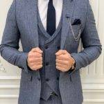 Blue Slim Fit Peak Lapel Crosshatch Suit