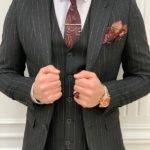 Aysoti Oswildale Dark Gray Slim Fit Peak Lapel Pinstripe Suit