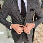 Black Slim Fit Notch Lapel Plaid Wool Suit