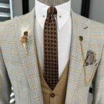 Camel Gray Slim Fit Peak Lapel Check Suit