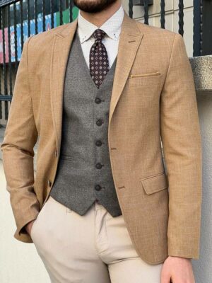 Light Brown Slim Fit Peak Lapel Linen Suit