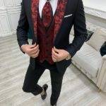Burgundy Black Slim Fit Peak Lapel Wedding Suit