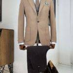 Beige Slim Fit Peak Lapel Wool Suit