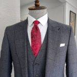 Navy Blue Slim Fit Peak Lapel Plaid Wool Suit